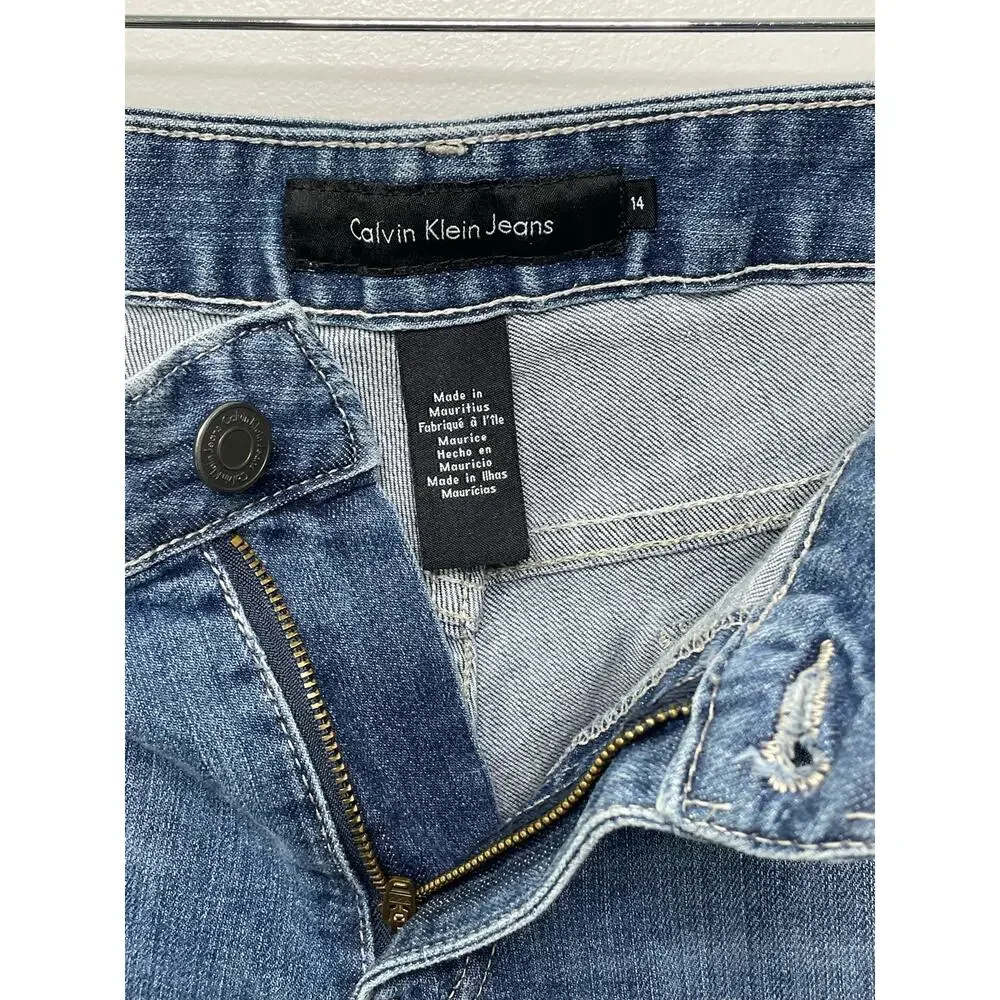 Calvin Klein‎ Whiskered Bootcut Jeans Mid Rise Denim Medium Wash Blue Womens 14